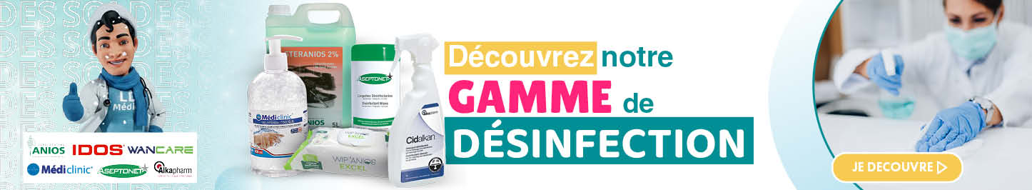 Gamme de produits de d&eacute;sinfection m&eacute;dicale Anios, Idos, Wancare, M&eacute;diclinic et Aseptonet pour professionnels de sant&eacute;